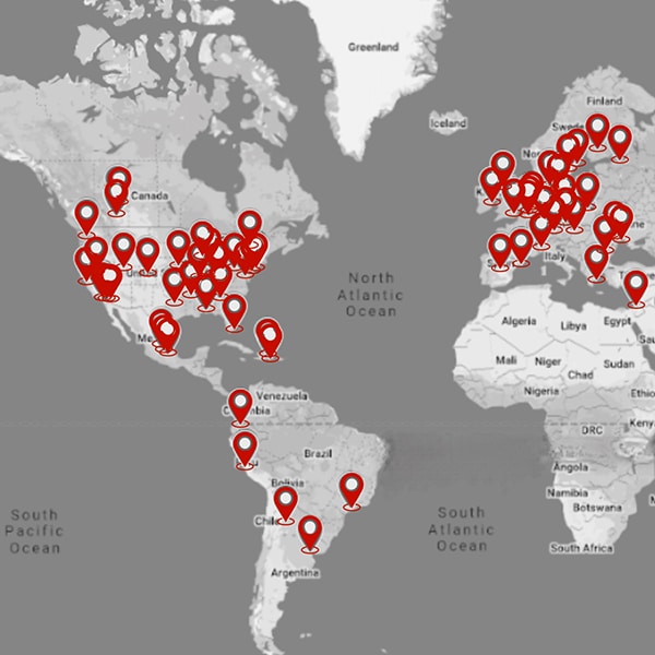 Mapa de los intentos de interferencia dirigidos a las presentaciones de Shen Yun en 38 países.