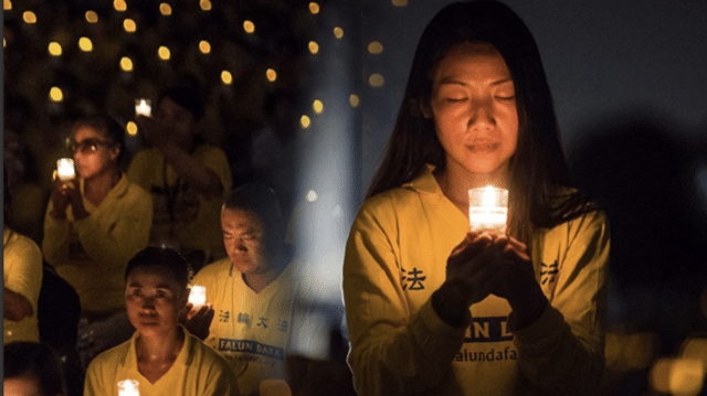 Practicantes de Falun Dafa en la vigilia anual con velas en Washington, D.C. en el aniversario de la persecución en 2017, en honor a otros practicantes en China que han muerto durante la persecución.